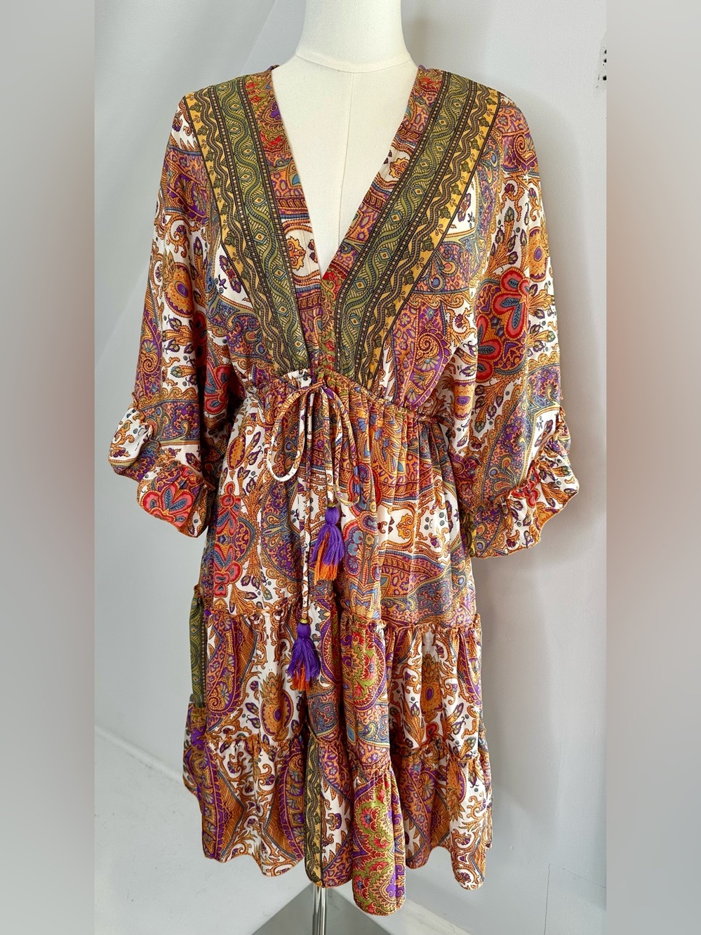 ANISA Spain Boho Paisley Floral Mini Dress Flutter Sleeve Tiered Ruffle